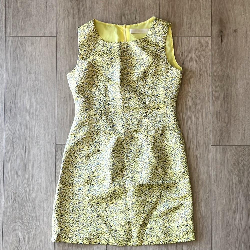 Yellow mini shift dress with subtle iridescent detail